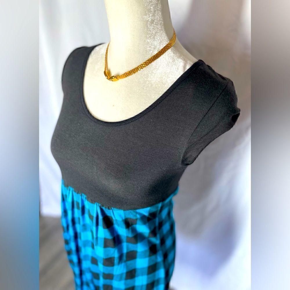 🔥❤️🔥 Blue Flannel Short Sleeve Scoop Neck Above Knee Length Dress Size S…